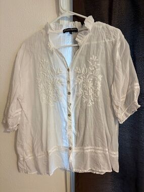 White Embroidered Button-Front Women's Top